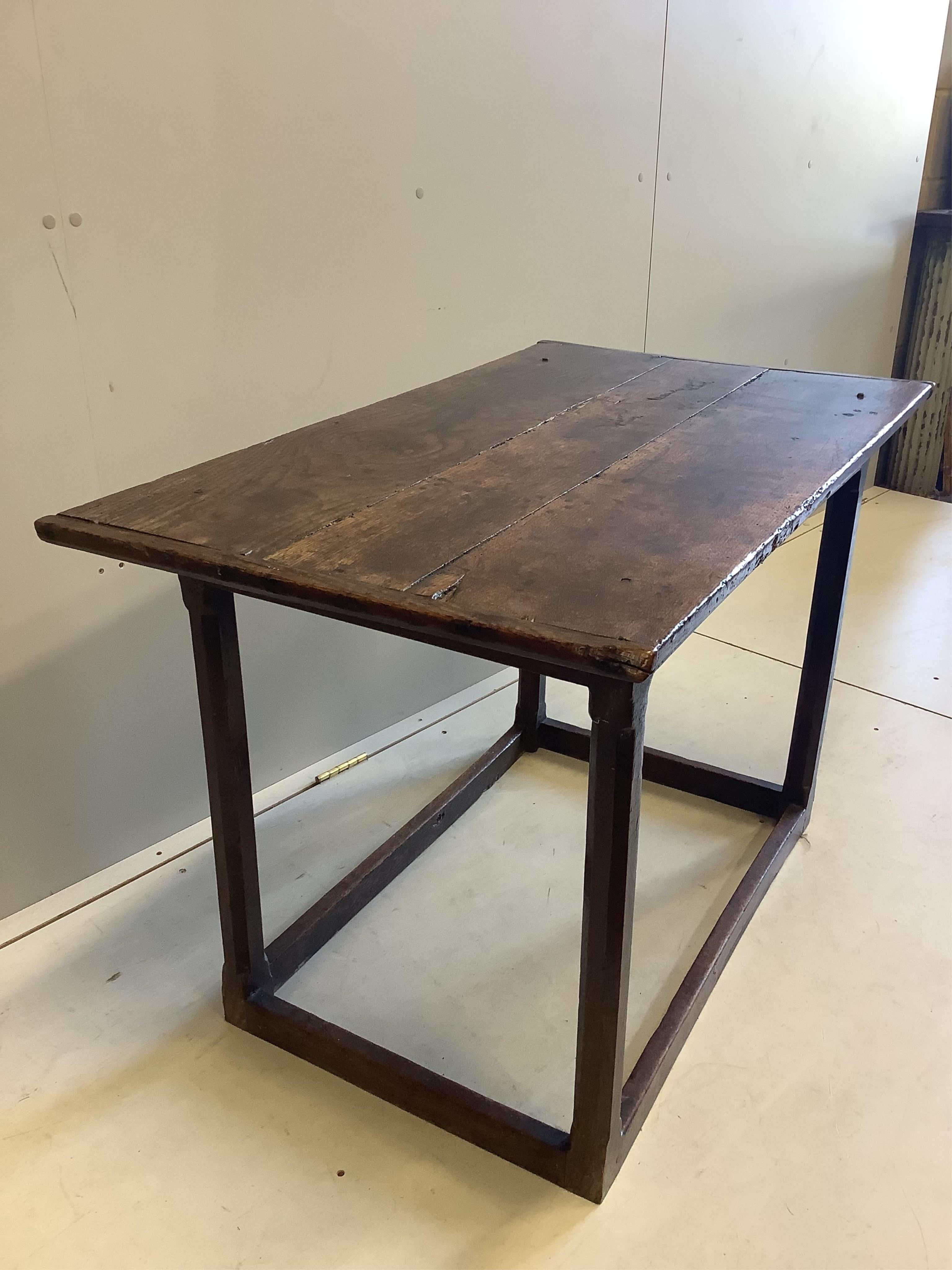 A 17th century and later rectangular oak side table, width 101cm, depth 60cm, height 68cm. Condition - fair